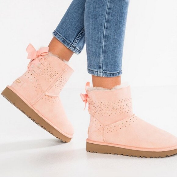 UGG Dae Sunshine Perf Boots in Tropical Peach Pink Suede Sheepskin and Gold - Picture 3 of 13